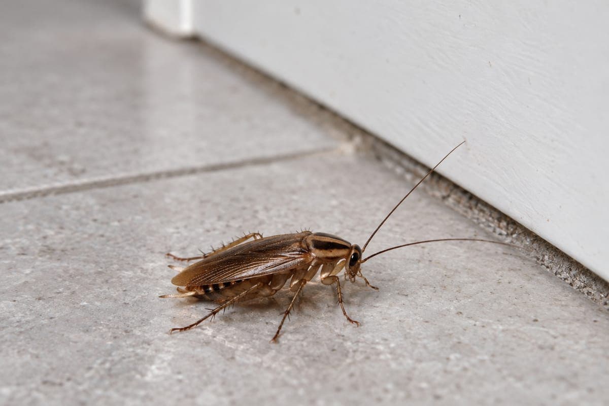 Duitse kakkerlak op een tegelvloer bij een witte plint
